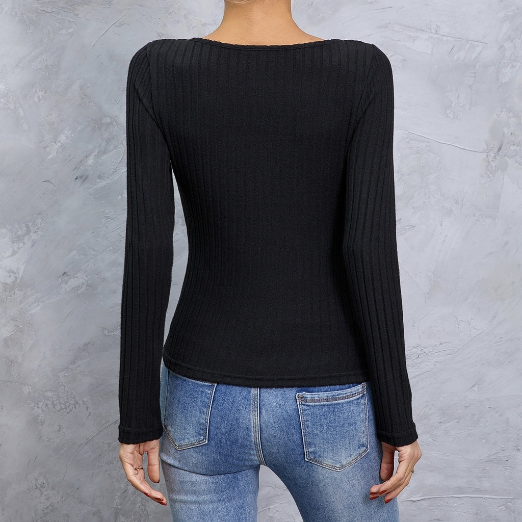 Ladies' Solid Color Collar Cross Design Slim Fit, Simple And Comfortable Elastic Long Sleeved T-shirt