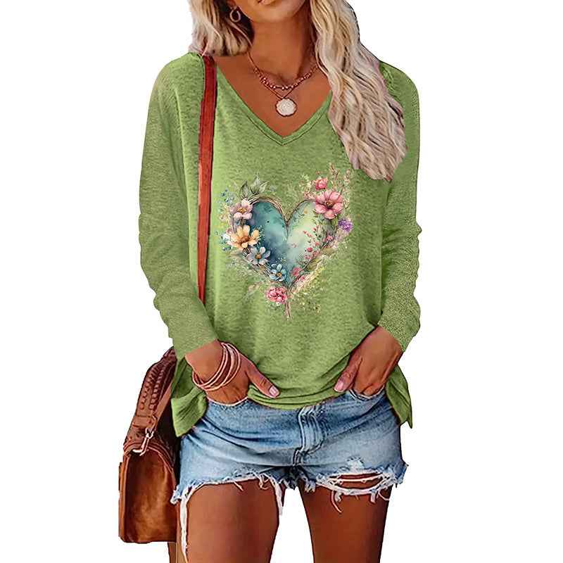 3PCS Women's Floral Heart Graphic T Shirts V Neck Long Sleeve Casual Fall Tops