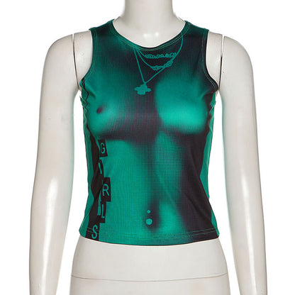 Round Neck Navel Exposed Printed Slim Fitting Bottom Tank Top