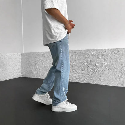 Men's Straight-leg Pants Printed Solid Color Loose Wide Leg Denim