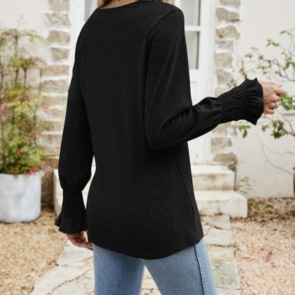 Women's Solid Color V-neck Lace Patchwork Collar Ruffle Sleeves Long Sleeved Top