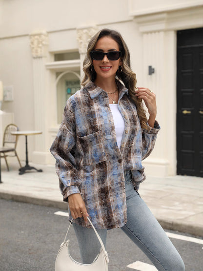 Street Style Plaid Shirt Women's Ripped Top Pocket Long Sleeve Coat