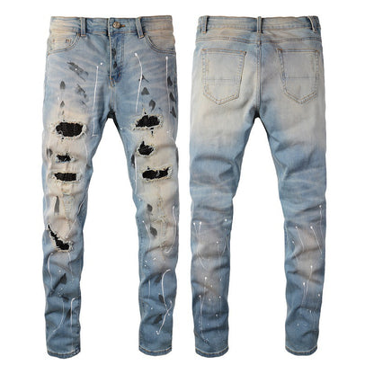 Rhinestone Patch Slim Fit Straight Ripped High Street Jeans
