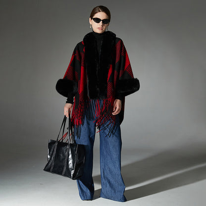 Jacquard Christmas Red Fur Collar Geometric Tassel Shawl