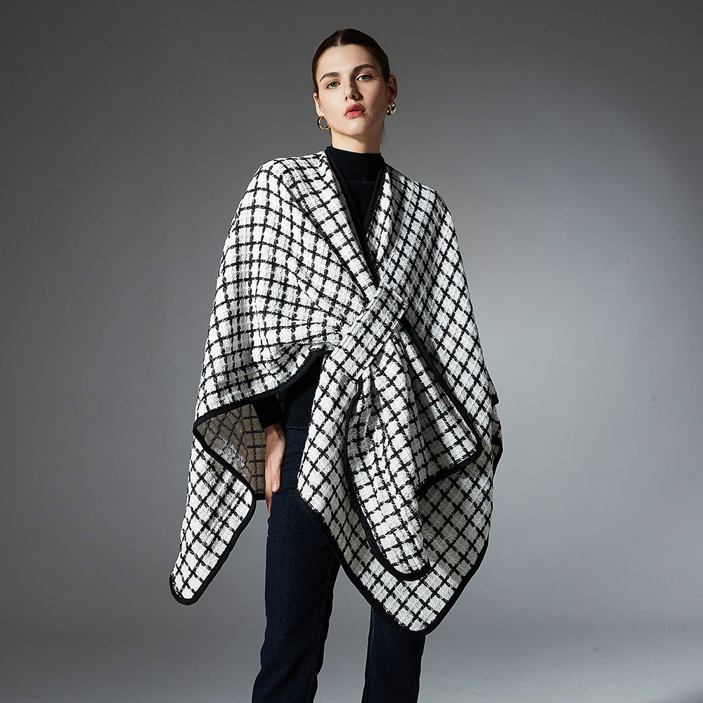 Black And White Buckle Loop Plaid Cross Shawl