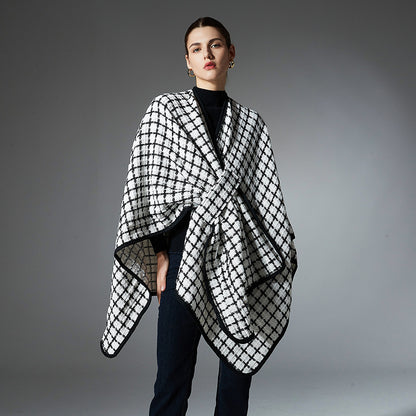 Black And White Buckle Loop Plaid Cross Shawl