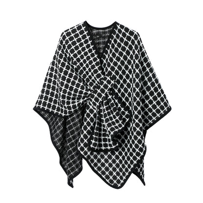 Black And White Buckle Loop Plaid Cross Shawl