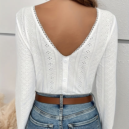 Women's New Spring And Autumn Eyelets Embroidered Button Back Design T-shirt