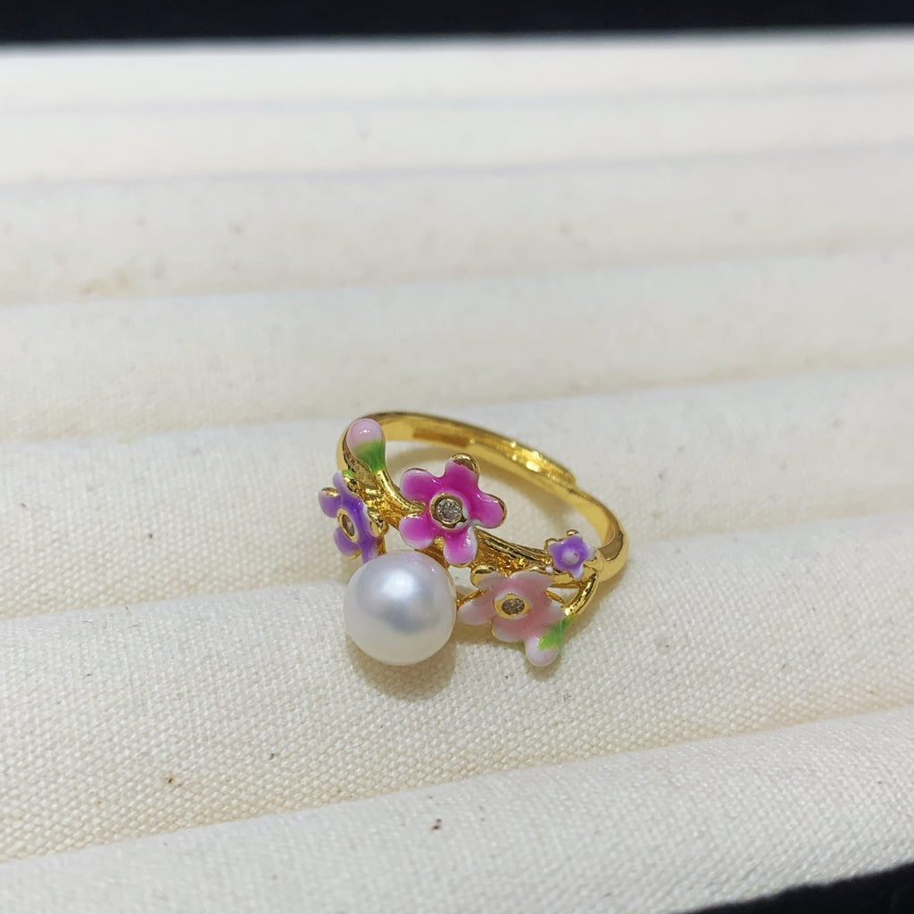 Fashion Freshwater Pearl Ring Colorful Painting Oil Flowers