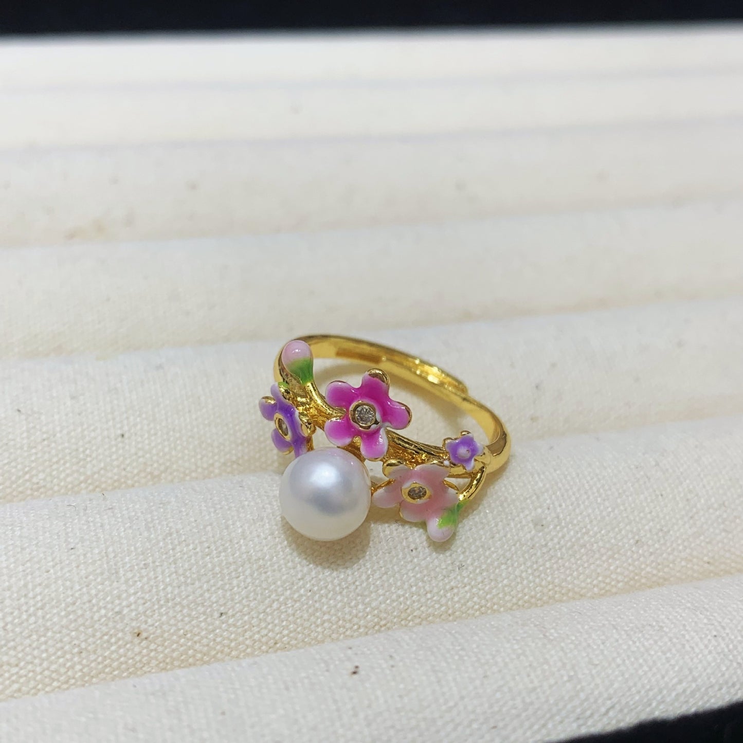 Fashion Freshwater Pearl Ring Colorful Painting Oil Flowers