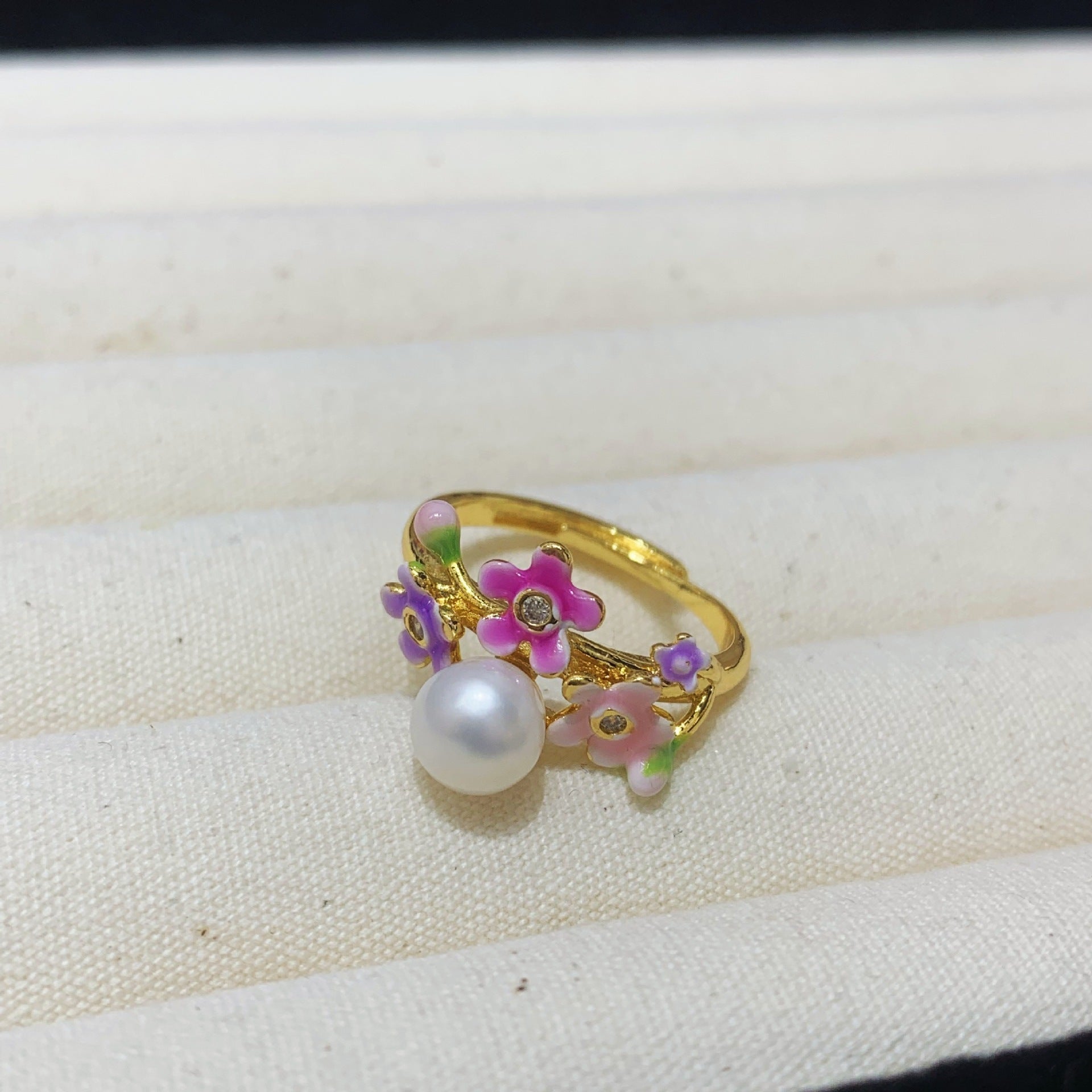 Fashion Freshwater Pearl Ring Colorful Painting Oil Flowers