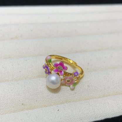 Fashion Freshwater Pearl Ring Colorful Painting Oil Flowers