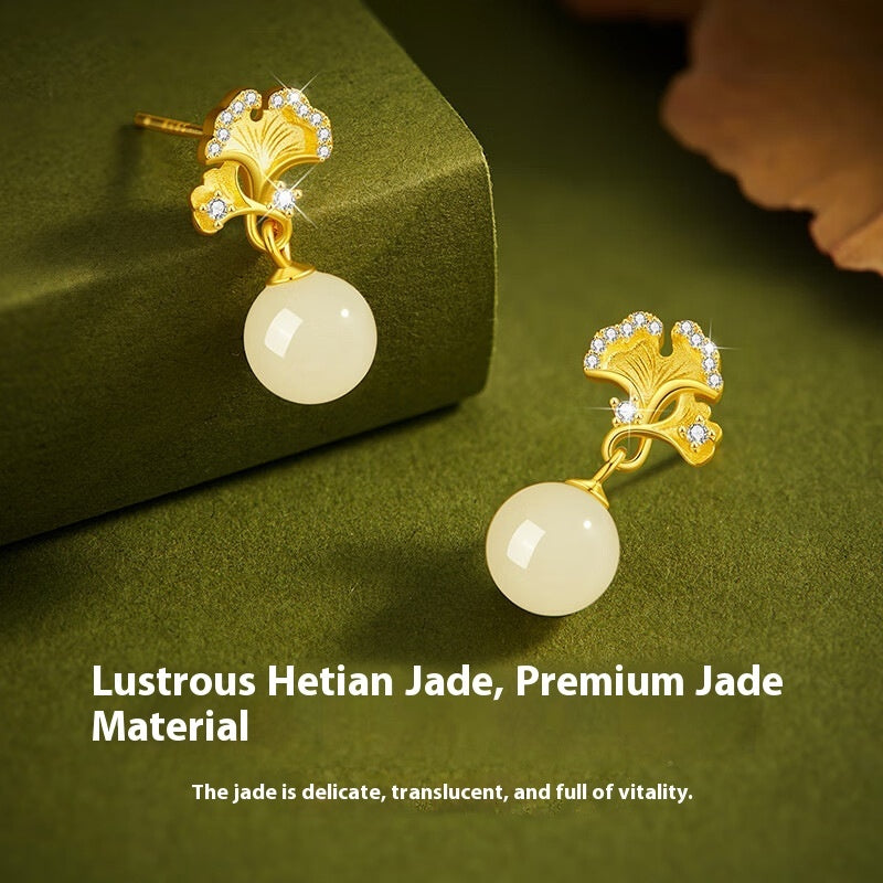 Ancient Chinese Style Temperament Natural Hetian Jade Ear Studs