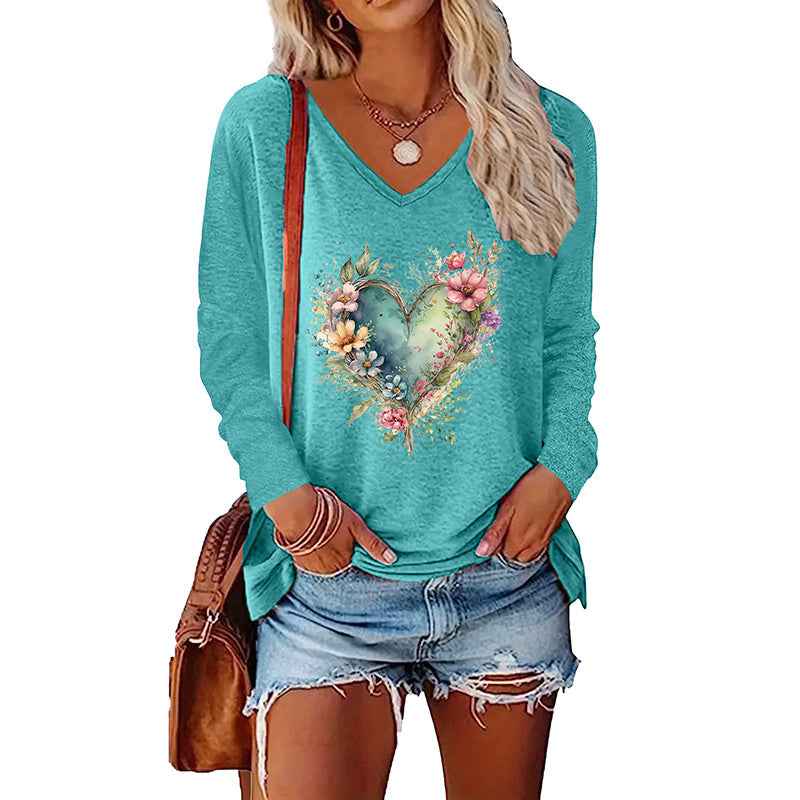 3PCS Women's Floral Heart Graphic T Shirts V Neck Long Sleeve Casual Fall Tops