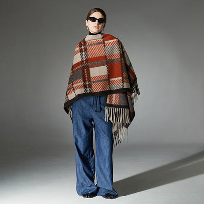 European And American Camel Tassel Plaid Shawl