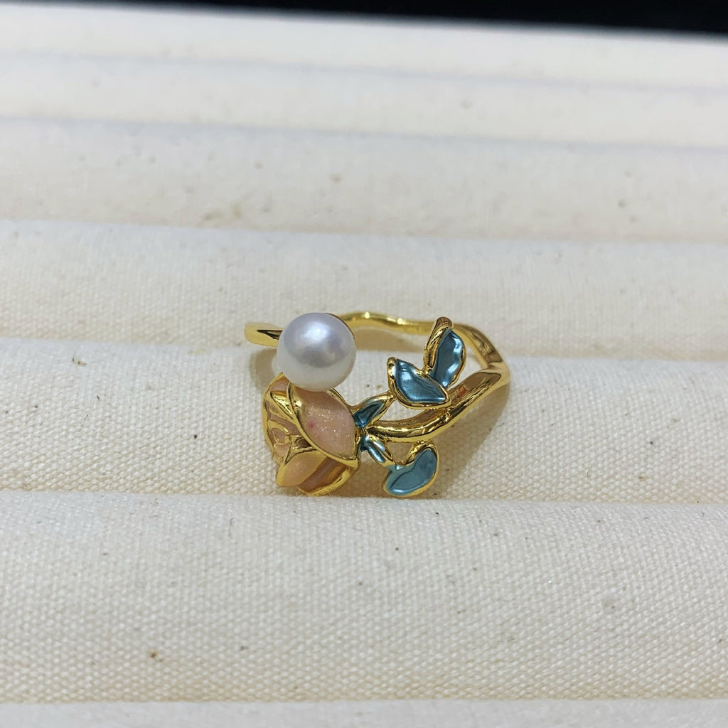 Fashion Freshwater Pearl Ring Colorful Painting Oil Flowers