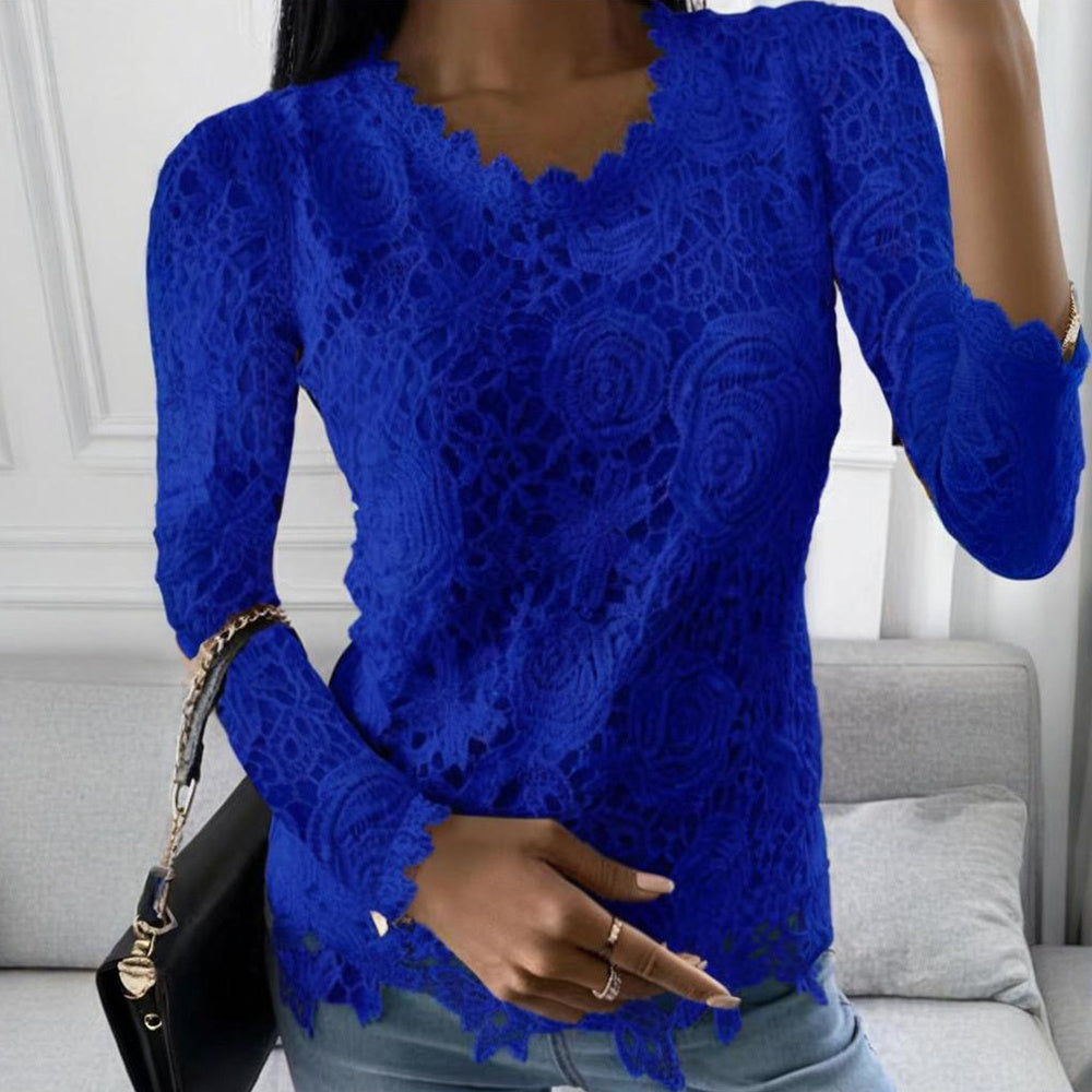 Plus Size Women's Solid Color Lace Long Sleeve T-Shirt - Floral Cutout Design, Round Neck, Elegant Vacation Style Top For Spring&Summer