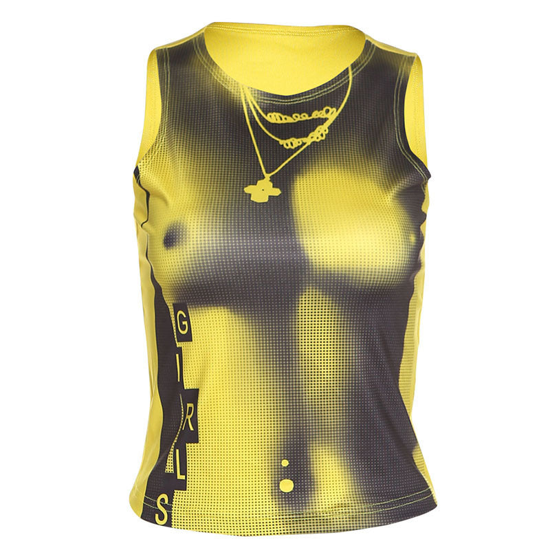 Round Neck Navel Exposed Printed Slim Fitting Bottom Tank Top