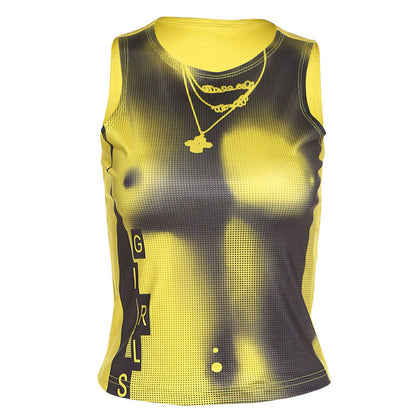 Round Neck Navel Exposed Printed Slim Fitting Bottom Tank Top