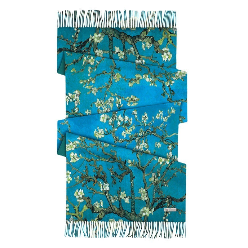 Digital Printing Artificial Cashmere Scarf Women's Winter Warm Long Fringe