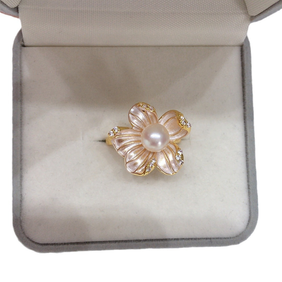 5A Bright Natural Freshwater Pearl Ring 18K Real Gold Plated Frosted Flower Ring