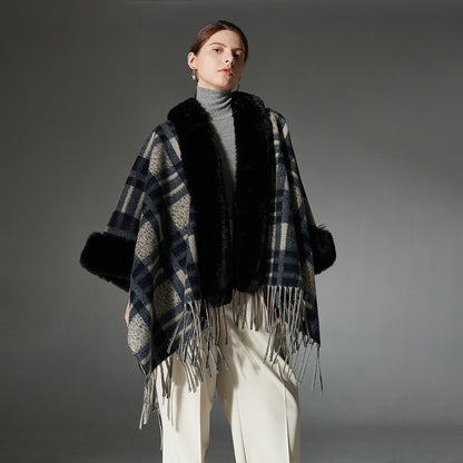 Plaid Navy Blue Fur Collar Shawl Warm
