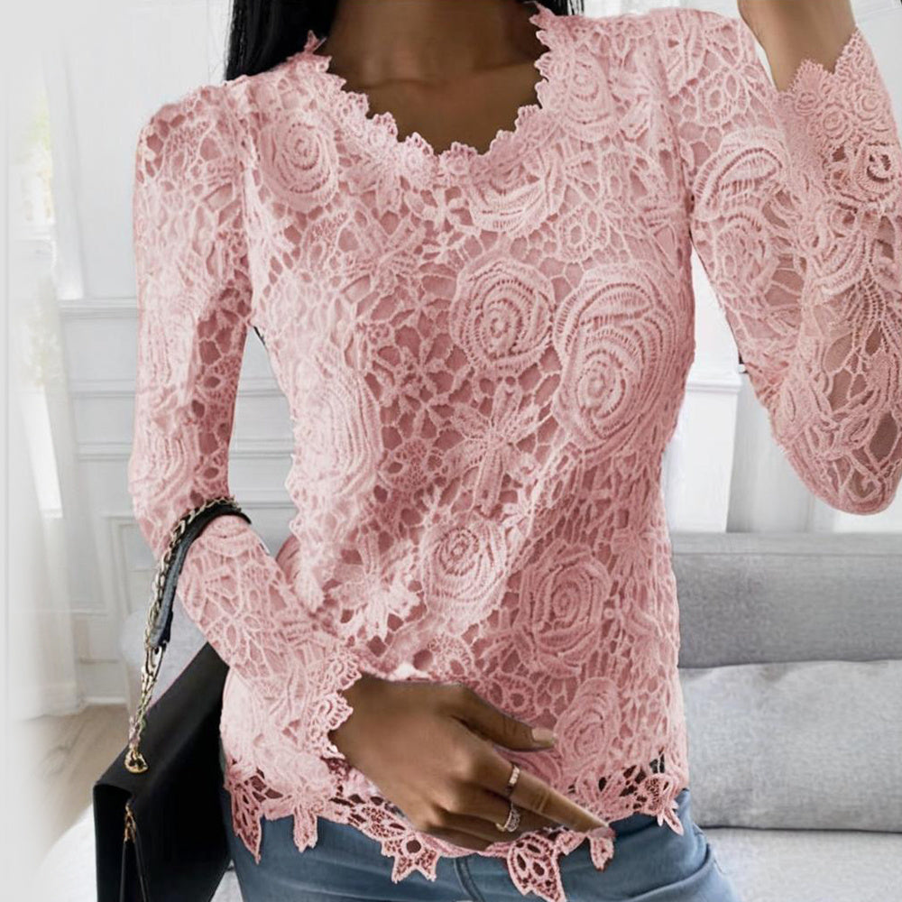 Plus Size Women's Solid Color Lace Long Sleeve T-Shirt - Floral Cutout Design, Round Neck, Elegant Vacation Style Top For Spring&Summer
