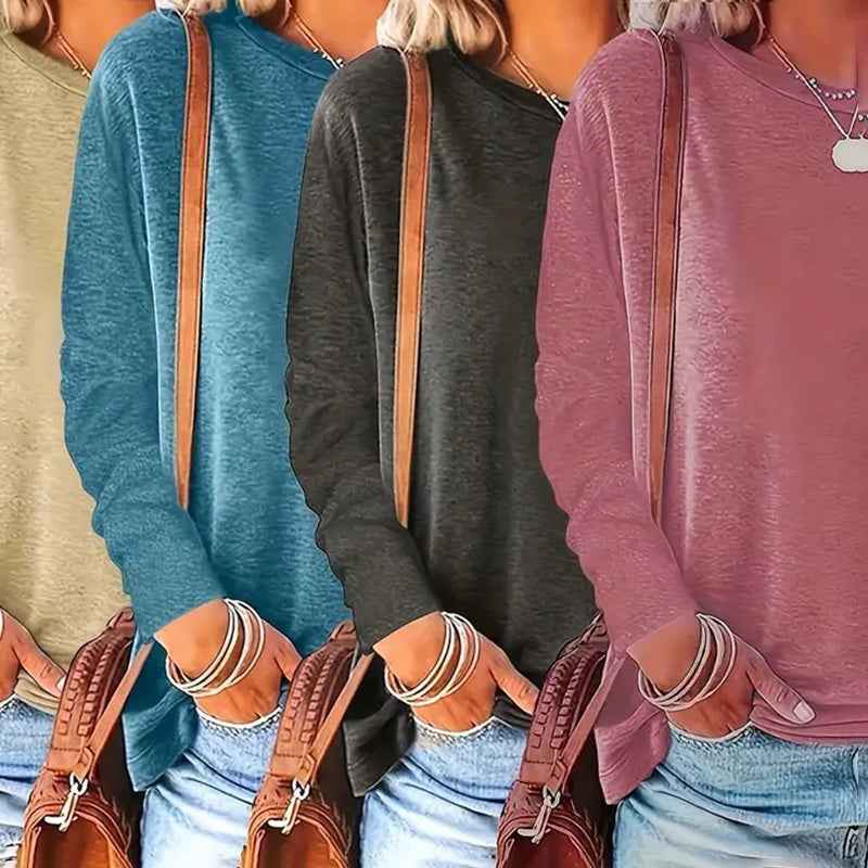 4 Pack Women's Solid Color Casual Set Round Neck Long Sleeve Tops For Spring&Fall