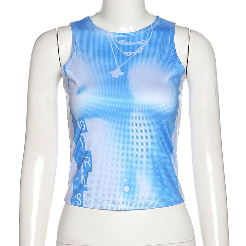 Round Neck Navel Exposed Printed Slim Fitting Bottom Tank Top