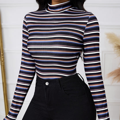 Ladies' Fashionable And Elegant Temperament Versatile Spring Multi-color Splicing Layer Long Sleeved Round Neck T-shirt Top