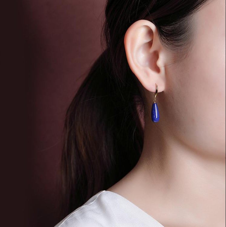 Pure Silver Gold-plated Exquisite Geometric Shape Natural Lapis Lazuli Water Droplet Shaped Earrings