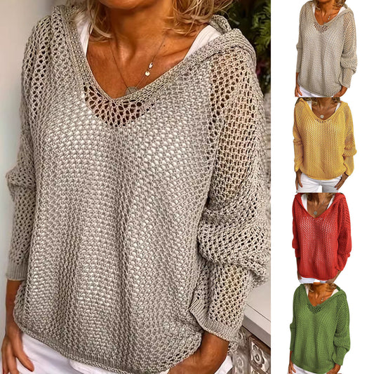 Women Fall Hoodies Sweater Knit V Neck Tops Casual Long Sleeve Pullover Shirts