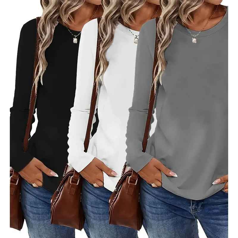 3 Pack Womens Plus Size Long Sleeve Shirts Crew Neck Basic Tee Tops Loose Fit Fall Outfits For Women 1X-5X