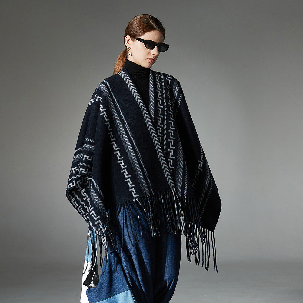 Cloak Ethnic Style Navy Blue Tassel Jacquard Shawl