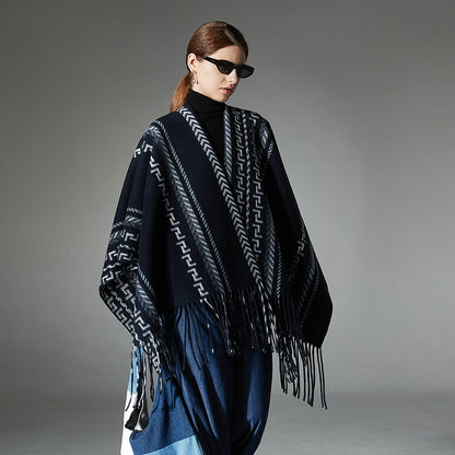 Cloak Ethnic Style Navy Blue Tassel Jacquard Shawl