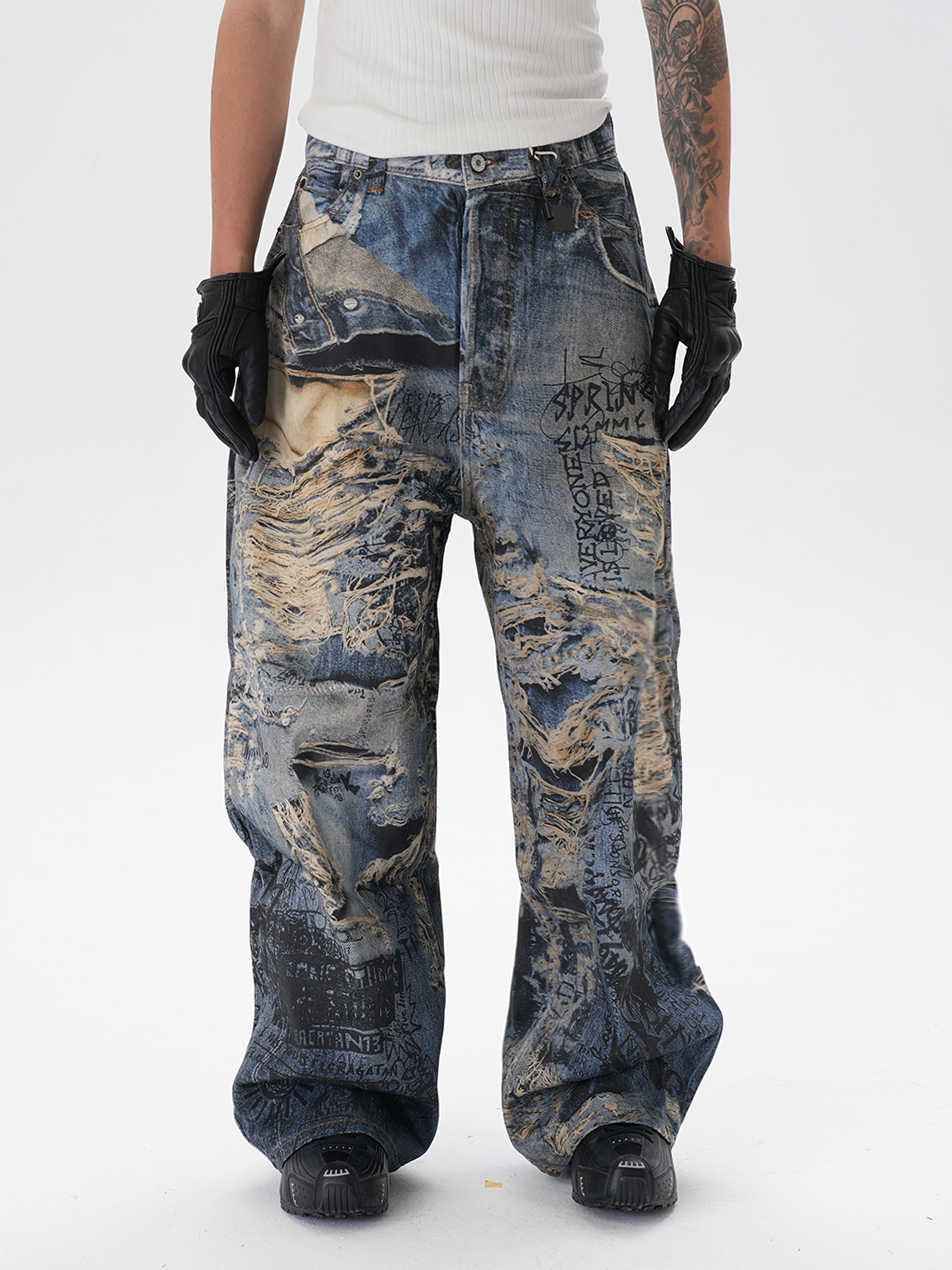 3D Digital Printing Ripped Graffiti Straight Jeans