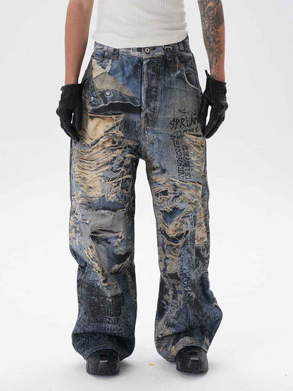3D Digital Printing Ripped Graffiti Straight Jeans