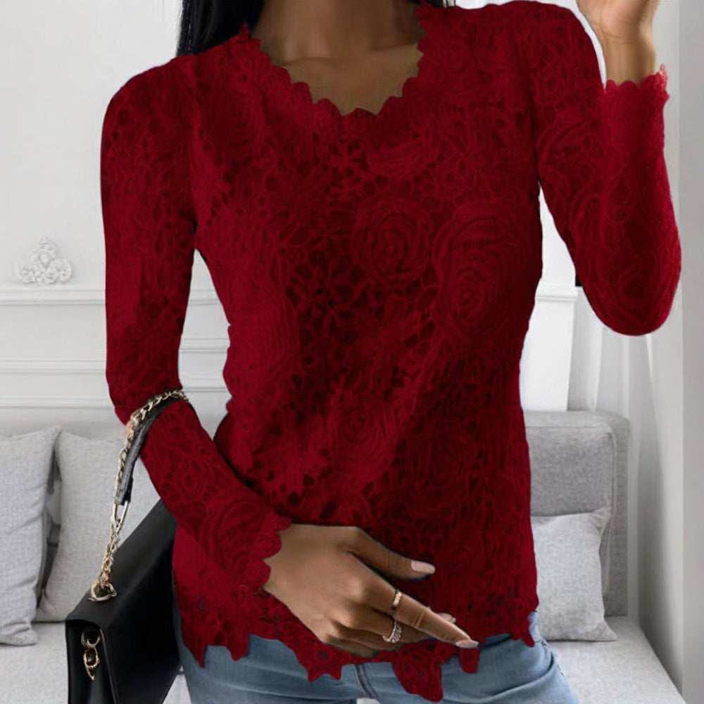 Plus Size Women's Solid Color Lace Long Sleeve T-Shirt - Floral Cutout Design, Round Neck, Elegant Vacation Style Top For Spring&Summer