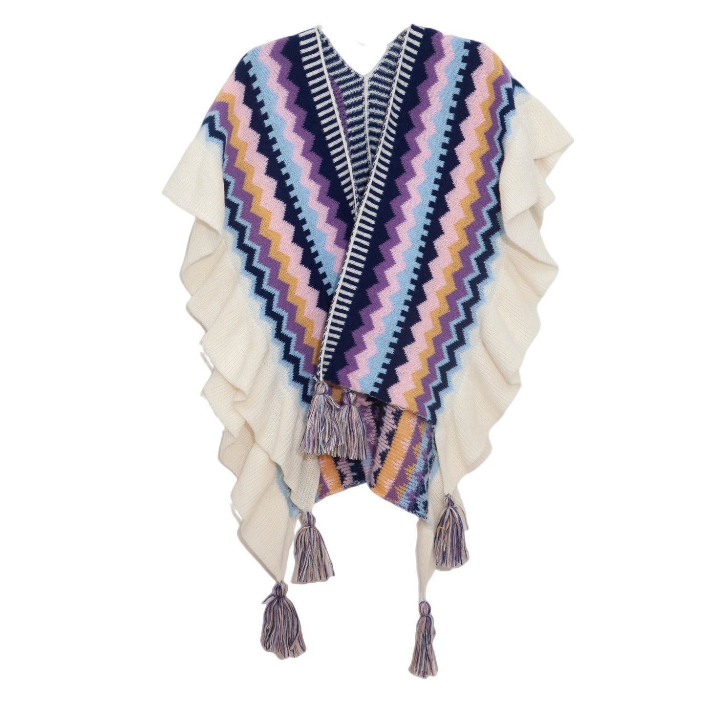European And American Spring Autumn And Winter Ladies Travel Ethnic Style Ruffled Knitted Shawl