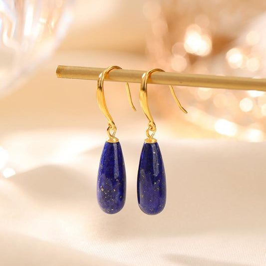 Pure Silver Gold-plated Exquisite Geometric Shape Natural Lapis Lazuli Water Droplet Shaped Earrings