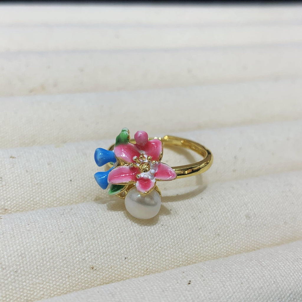Fashion Freshwater Pearl Ring Colorful Painting Oil Flowers