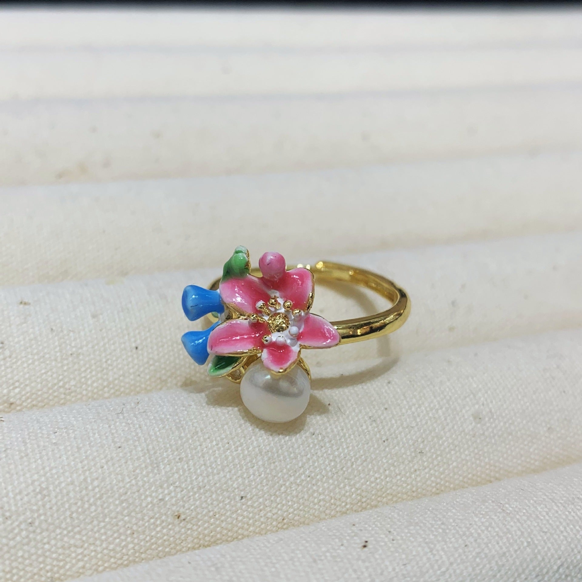 Fashion Freshwater Pearl Ring Colorful Painting Oil Flowers