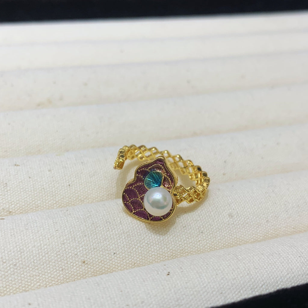 Fashion Freshwater Pearl Ring Colorful Painting Oil Flowers